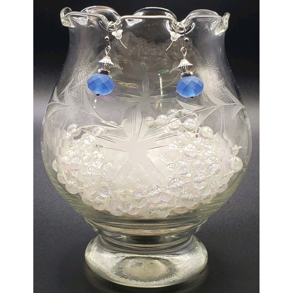 Blue Silver Tone Ceramic And Stainless Steel Beads Costume Dangle/Drop Earrings.